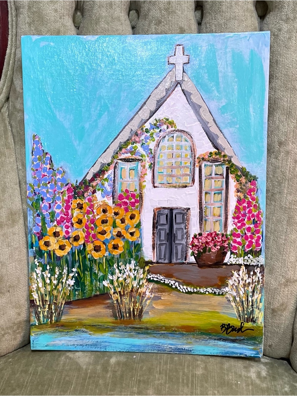 New Hand Painted Garden Church Canvas Colorful Original Art Vibrant Brenda Bush